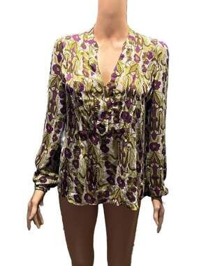 52 Floral Art Nouveau V-Neck Pintuck Blouse Size S